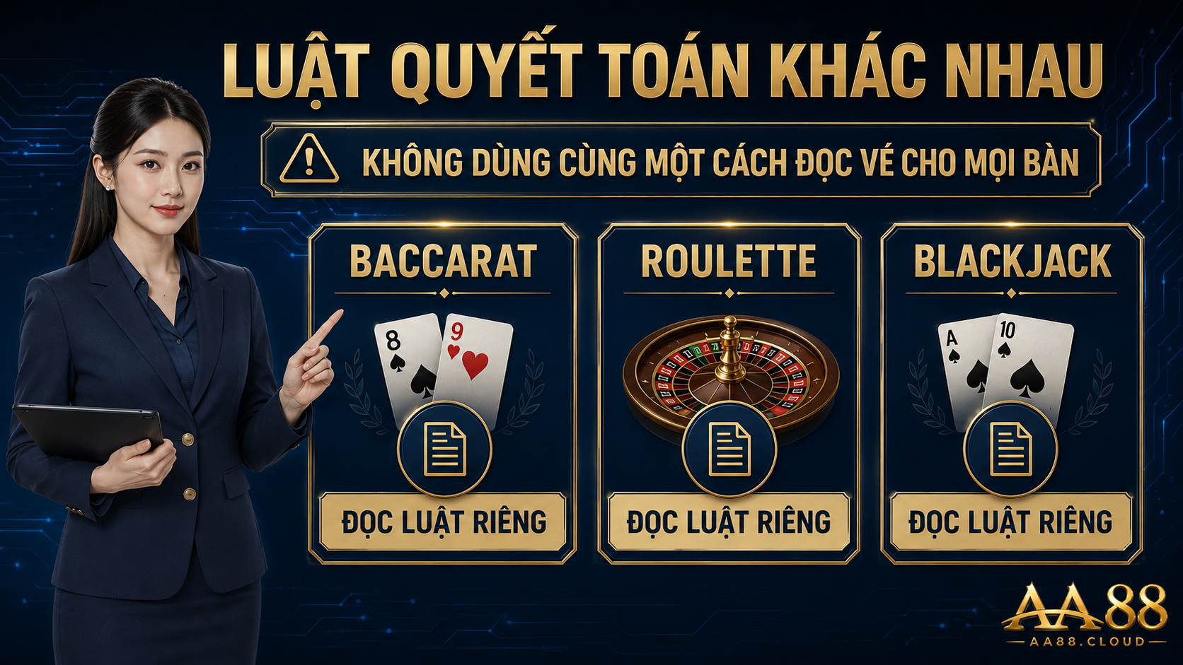 Baccarat, Roulette và Blackjack có luật quyết toán khác nhau; không dùng cùng một cách đọc vé cho mọi bàn.