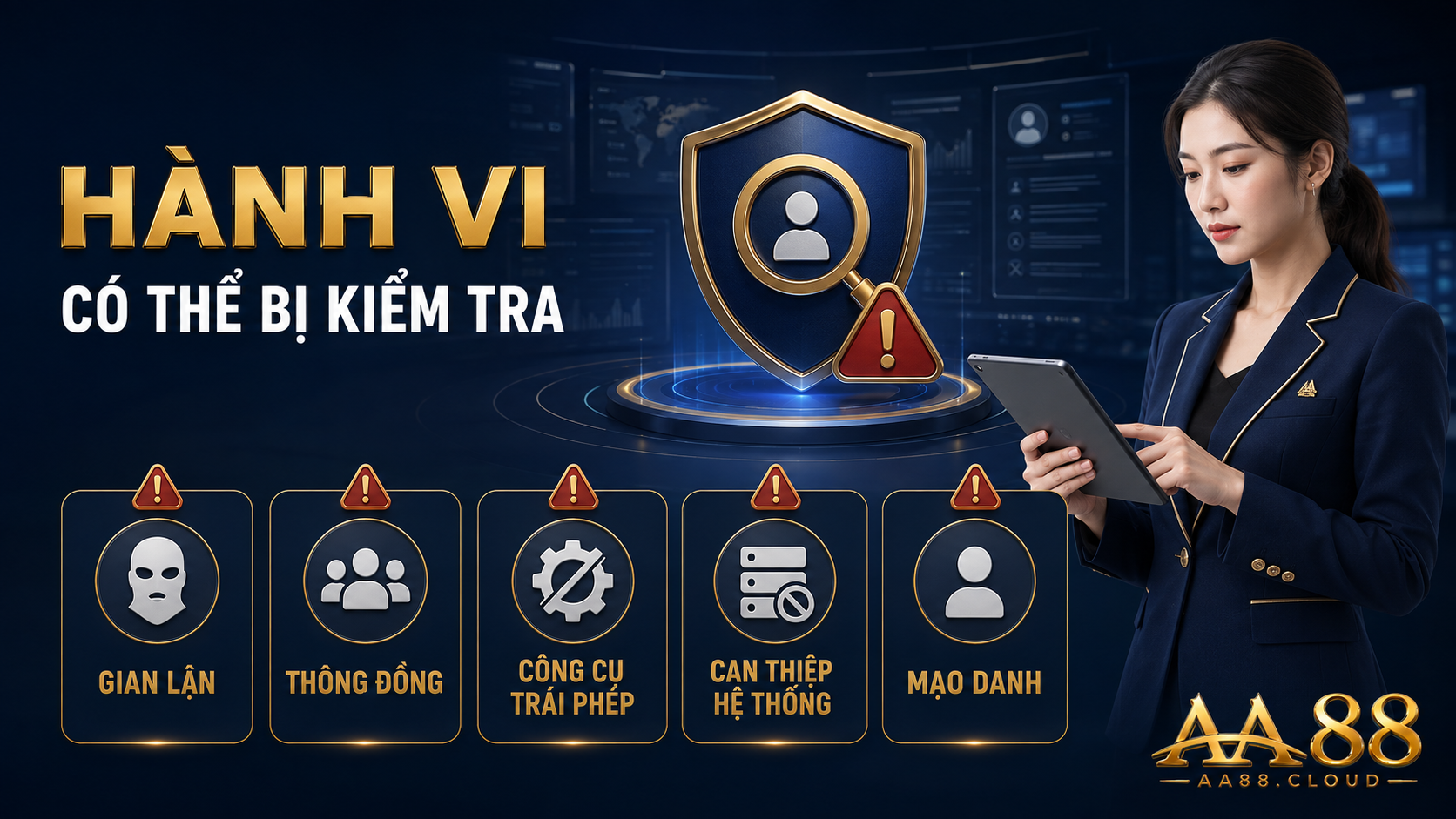 Gian lận, thông đồng, dùng công cụ trái phép, can thiệp hệ thống và mạo danh đều có thể dẫn đến kiểm tra tài khoản