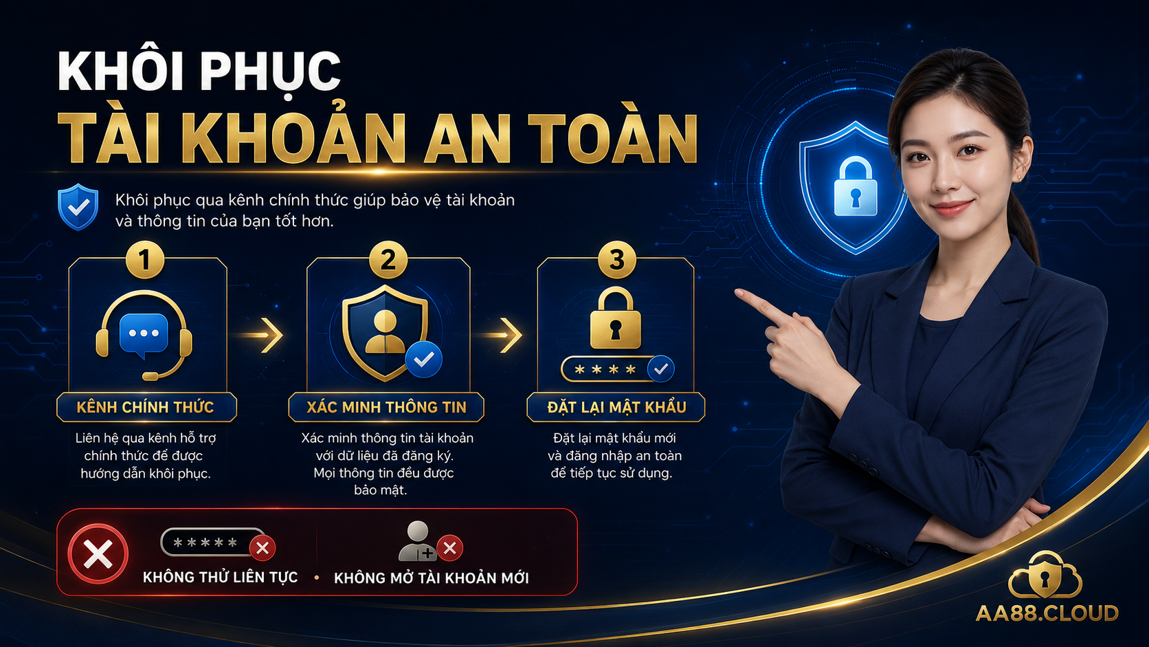Khôi phục qua kênh chính thức an toàn hơn việc thử nhiều mật khẩu hoặc mở thêm tài khoản mới
