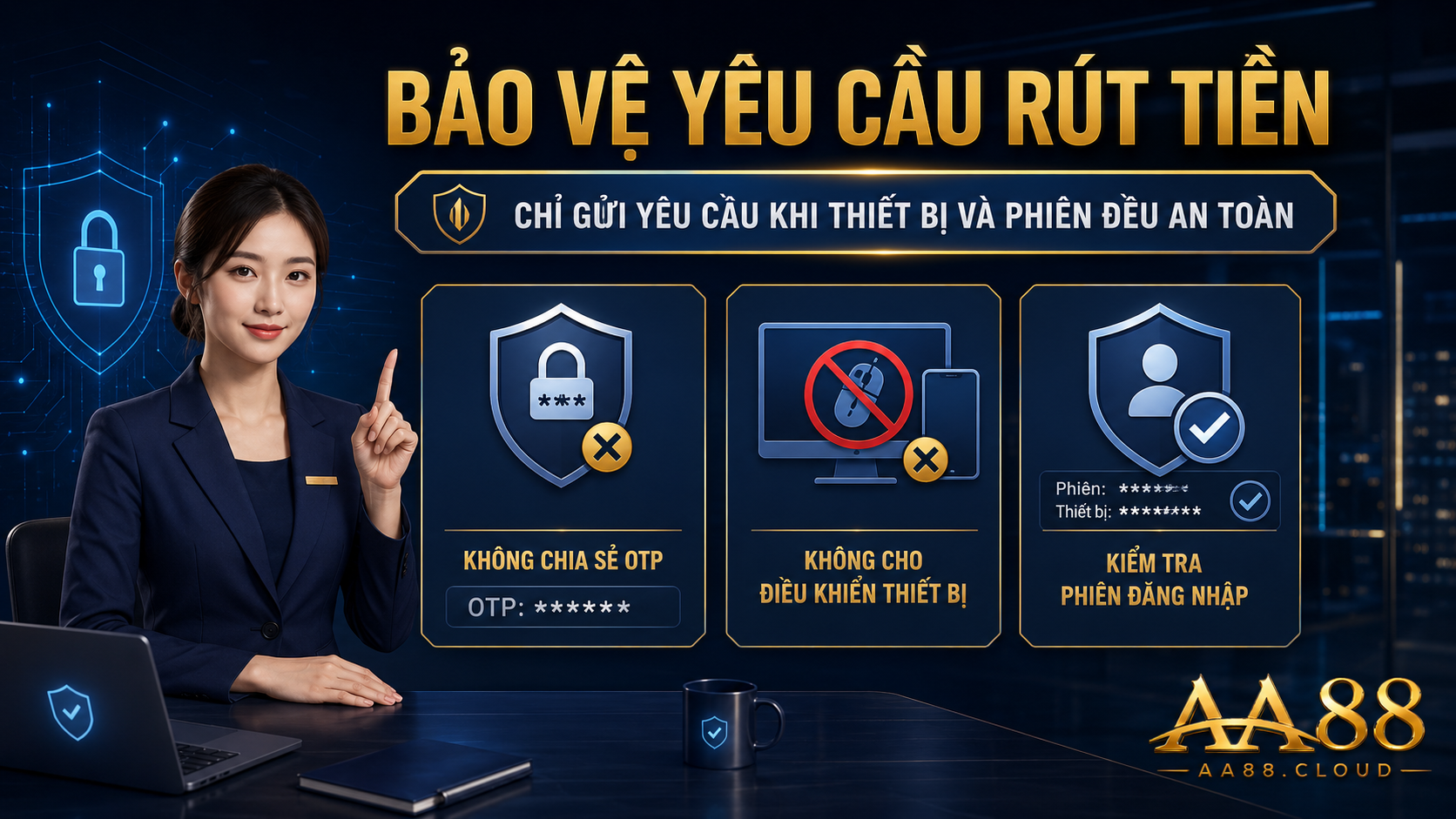 Không chia sẻ OTP, không cho điều khiển thiết bị và luôn kiểm tra phiên đăng nhập trước khi gửi yêu cầu rút tiền