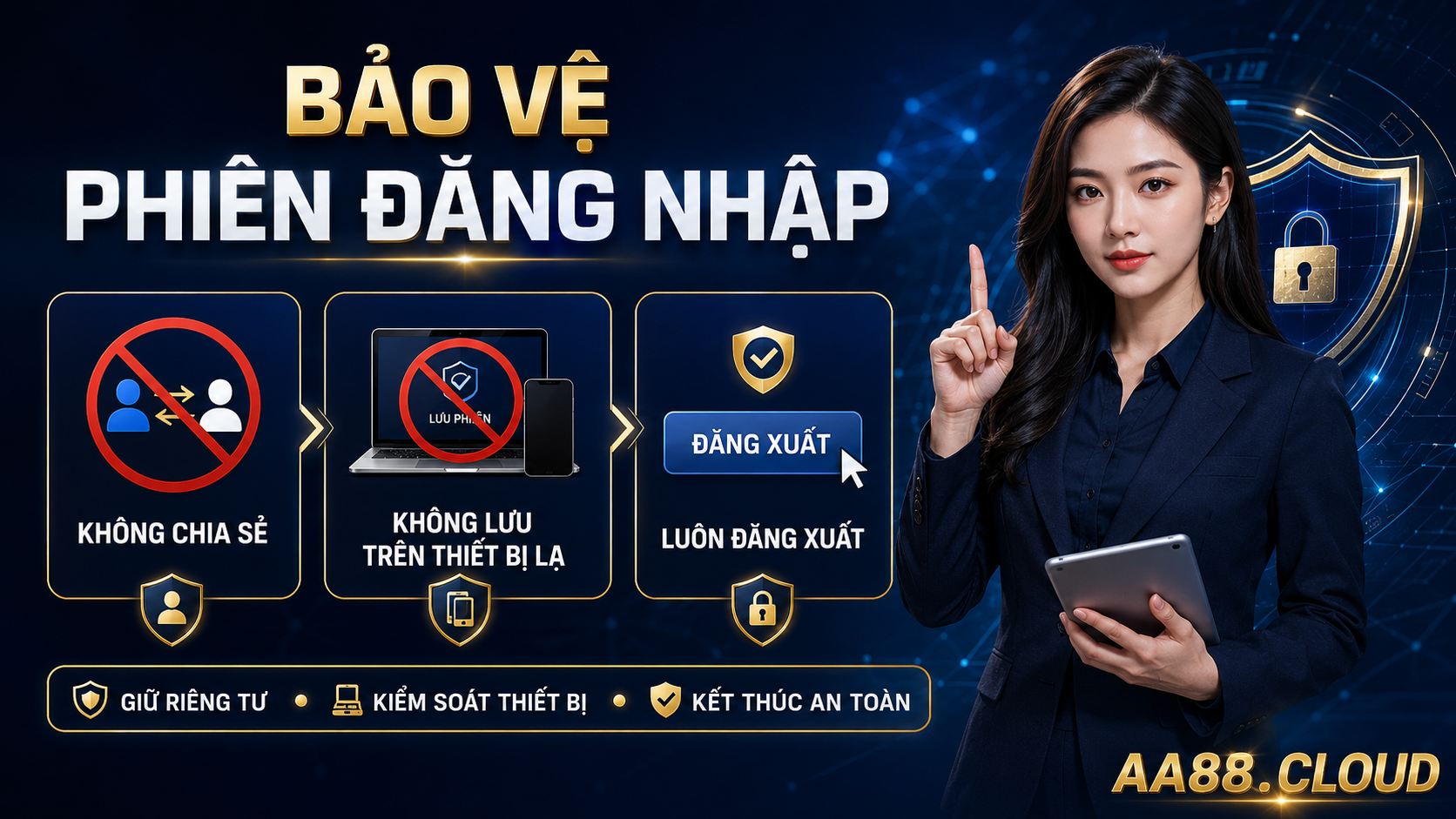 Không chia sẻ thông tin truy cập, không lưu phiên trên thiết bị lạ và luôn đăng xuất khi kết thúc