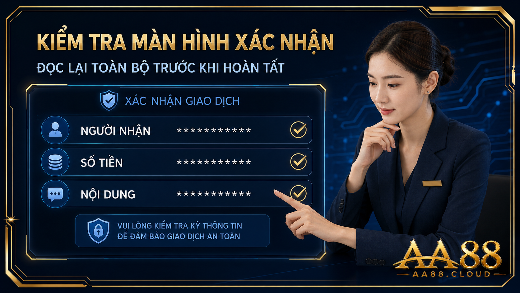 Người dùng cần đối chiếu người nhận, số tiền và nội dung ngay trên màn hình xác nhận trước khi hoàn tất giao dịch