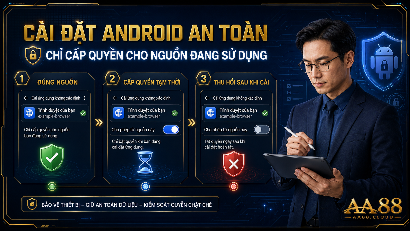 Trên Android, chỉ cấp quyền cài đặt cho đúng nguồn đang sử dụng và thu hồi quyền ngay sau khi hoàn tất